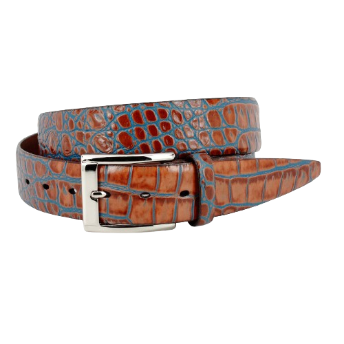 Faux Crocodile Embossed Calfskin Belt by Torino - Tan/Blue