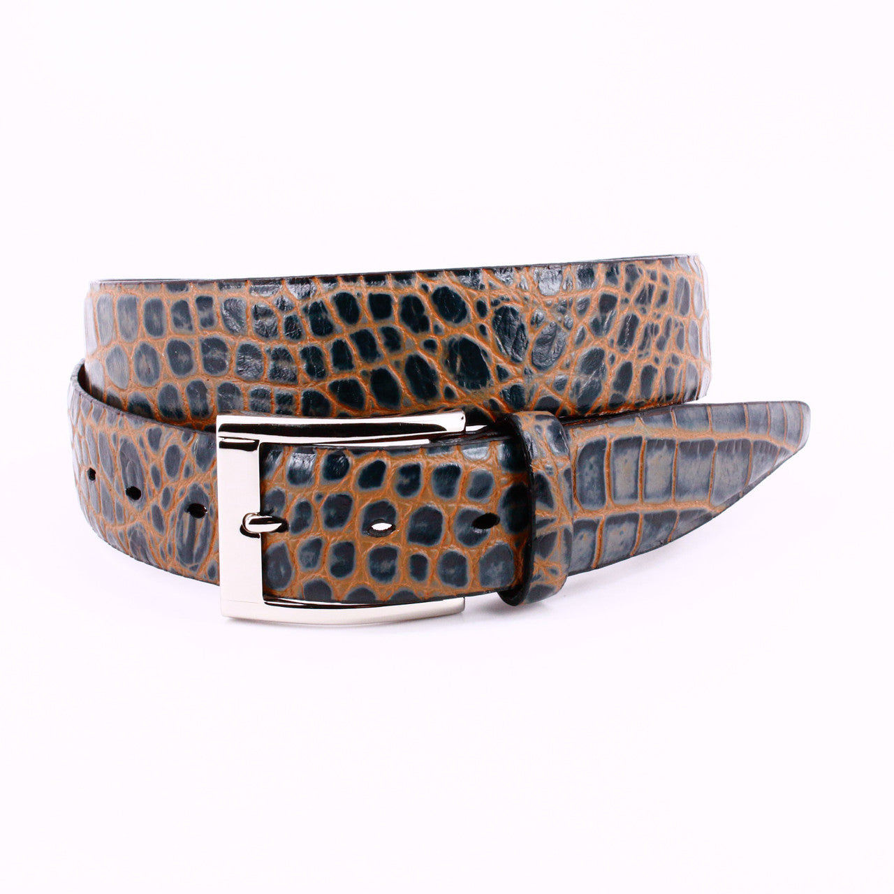 Faux Crocodile Embossed Calfskin Belt by Torino - Grey/Tan