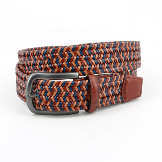 Italian Mini Strand Woven Stretch Leather Belt by Torino - Tan Multi