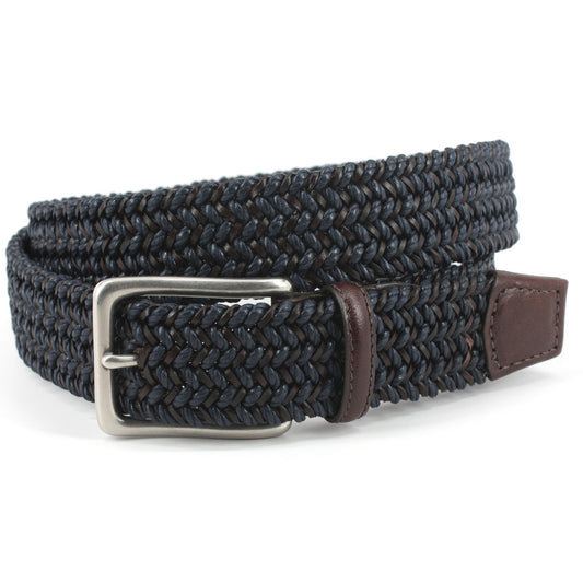 Italian Woven Cotton and Leather Stretch Belt by Torino - Navy/Brown