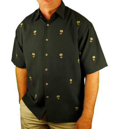 Oh Christmas Tree - Embroidered Christmas Aloha Shirt by Bamboo Cay - Black