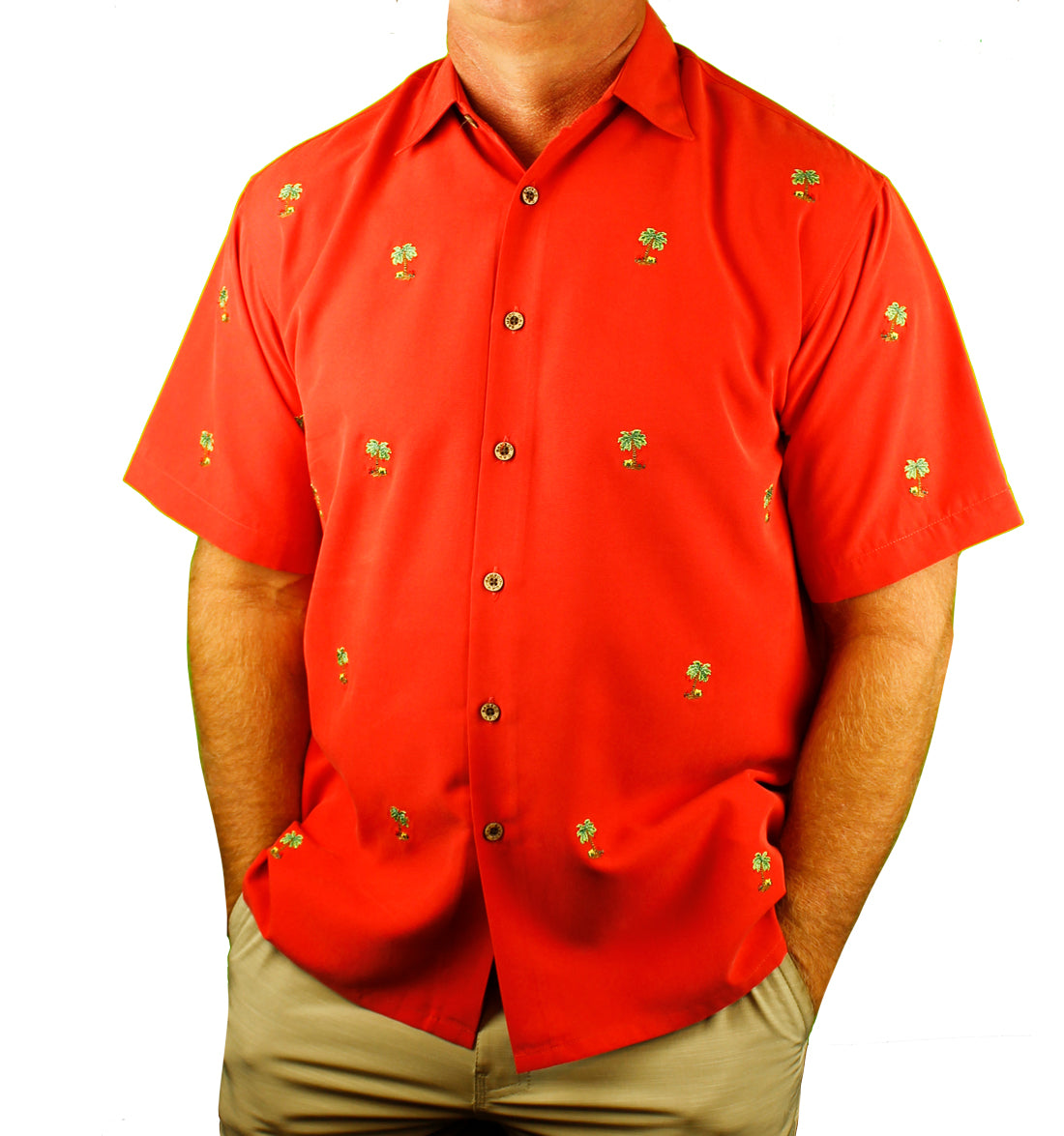 Oh Christmas Tree - Embroidered Christmas Aloha Shirt by Bamboo Cay - Tomato