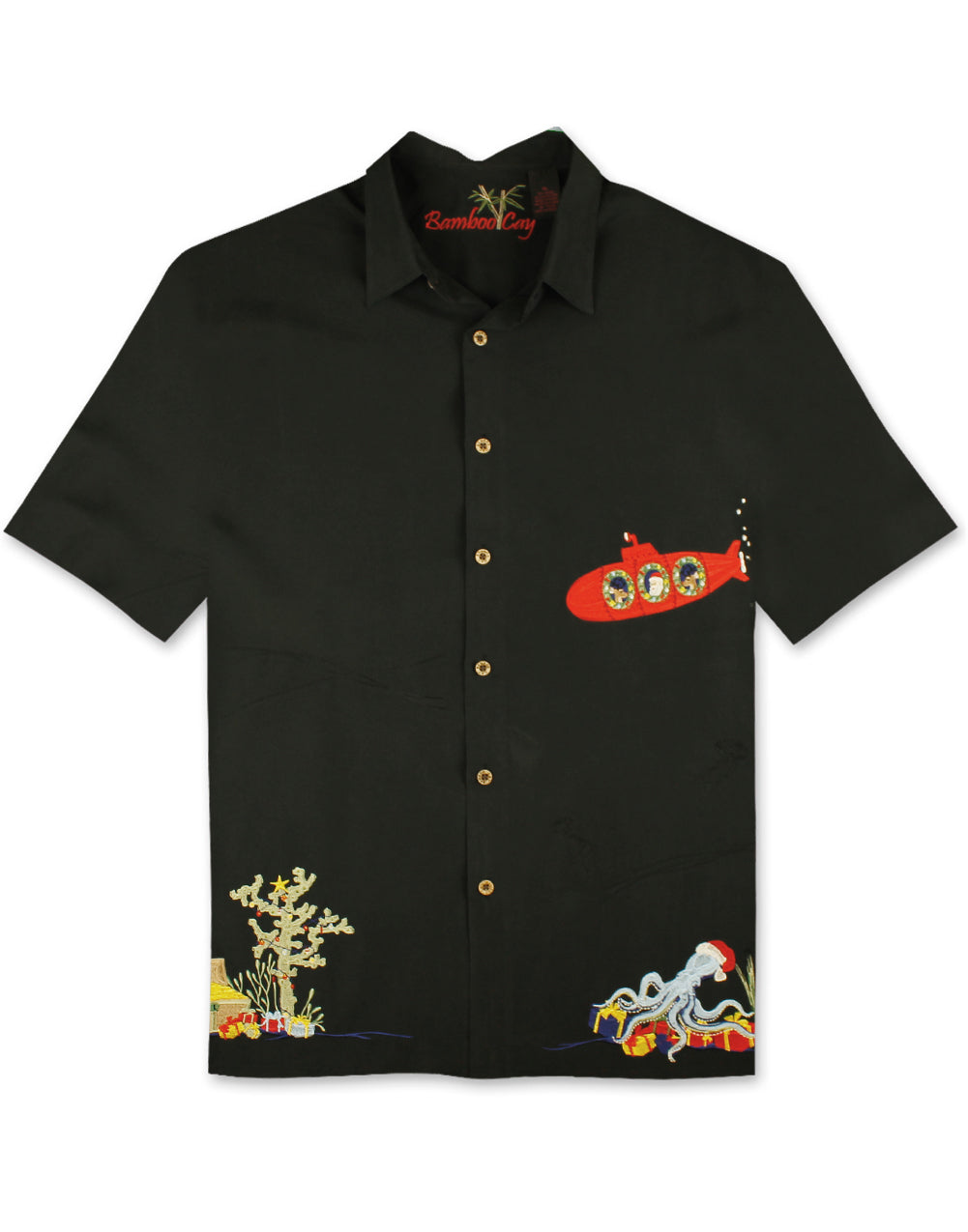 Santamarine - Embroidered Christmas Aloha Shirt by Bamboo Cay - Black