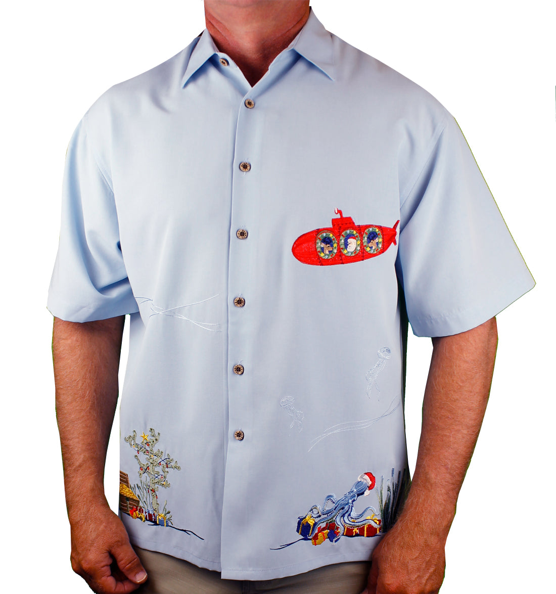 Santamarine - Embroidered Christmas Aloha Shirt by Bamboo Cay - Chalk Blue