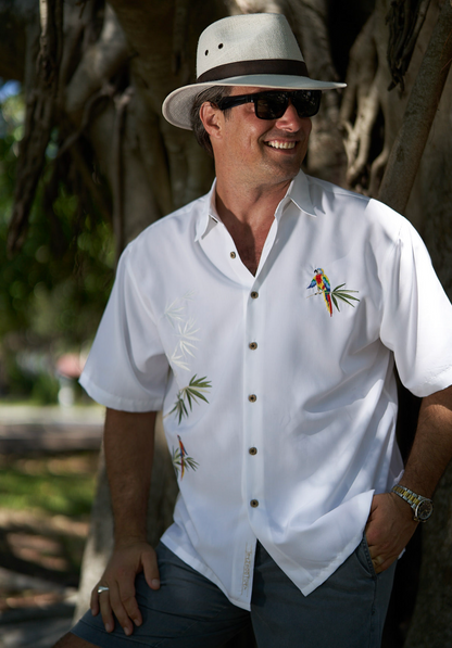 Flying Parrots Embroidered Polynosic Camp Shirt by Bamboo Cay