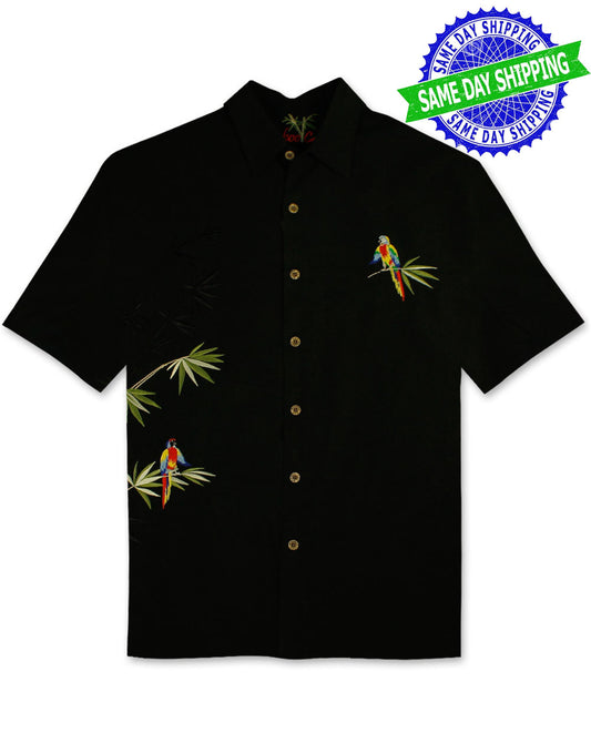 Flying Parrots Embroidered Polynosic Camp Shirt by Bamboo Cay