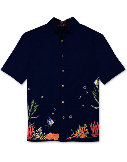 Coral Harmony Embroidered Polynosic Camp Shirt by Bamboo Cay